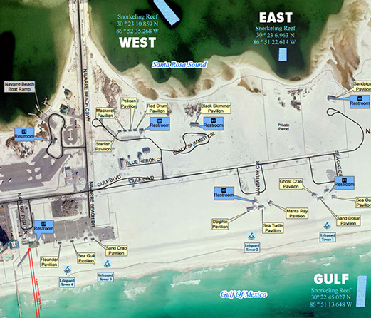 Map of East, West and Gulf Navarre Beach Snorkeling Reef Locations